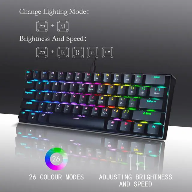 Alt view image 6 of 6 - Mechanical Keyboard, 60% Mechanical Gaming Keyboard with Blue Switches and Dynamic 26-Mode RGB Backlight - Plug and Play, 61-Key, Anti-Ghosting, for PC, Windows, Mac, Gamer, Office, Typists