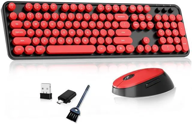 Main image of Wireless Keyboard and Mouse, COOFUN Retro Typewriter Keyboard with Round Keycaps, Full-Size Ergonomic, Ideal for Windows PC, Home, Office, and College Black and Red