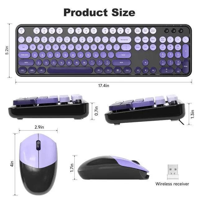 Alt view image 7 of 7 - MOFII Wireless Computer Keyboard and Mouse Combo, Typewriter Full Size Keyboard with Number Pad and 2 in 1 USB Connected Mouse for PC Laptop Desktop Windows 7 8 11, Black & Purple