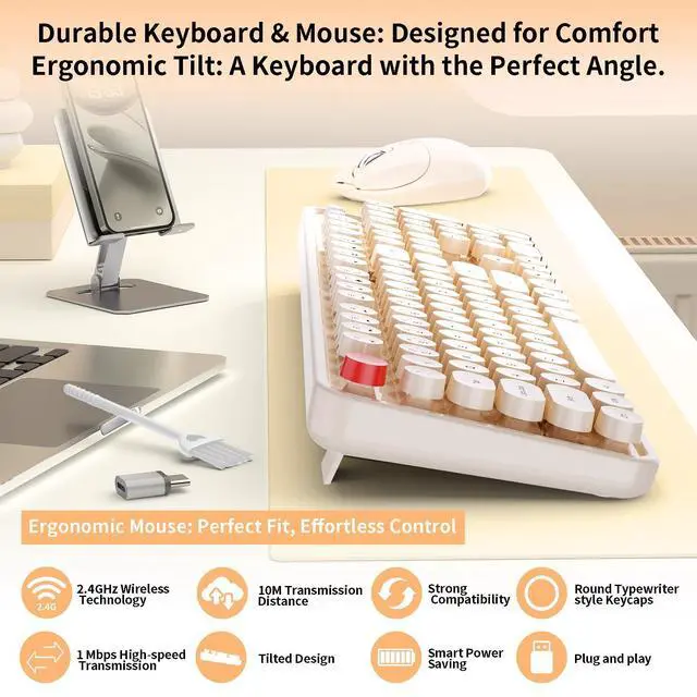 Alt view image 2 of 7 - Wireless Keyboard Mouse, MOFII 104 Keys Cute Retro Typewriter Coffee | With OTG & Long Clean Bruch,Compatible With All windows and Type C Computer,1600DPI,Ideal For PC, Home, Office and College