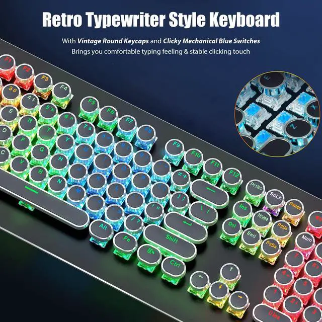 Alt view image 2 of 7 - Typewriter Style Mechanical Gaming Keyboard with True RGB LED Backlight, 108-Key Anti-Ghosting Blue Switch Retro Steampunk Vintage Round Keycaps Metal Panel Wired USB, Black