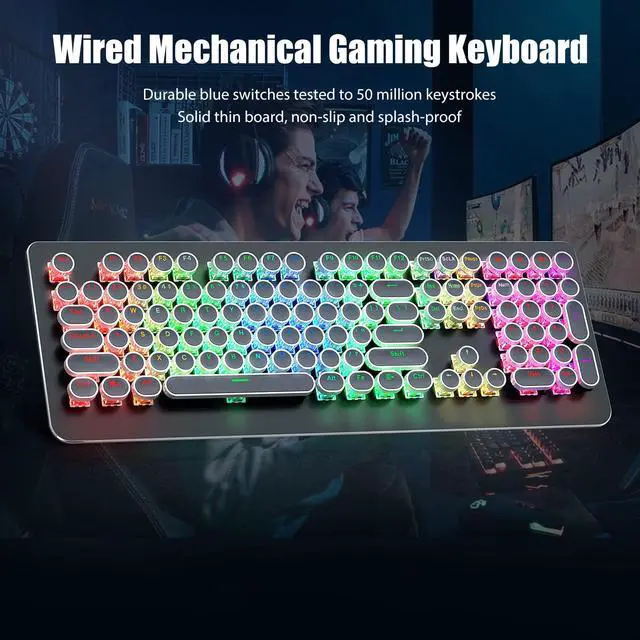 Alt view image 3 of 7 - Typewriter Style Mechanical Gaming Keyboard with True RGB LED Backlight, 108-Key Anti-Ghosting Blue Switch Retro Steampunk Vintage Round Keycaps Metal Panel Wired USB, Black