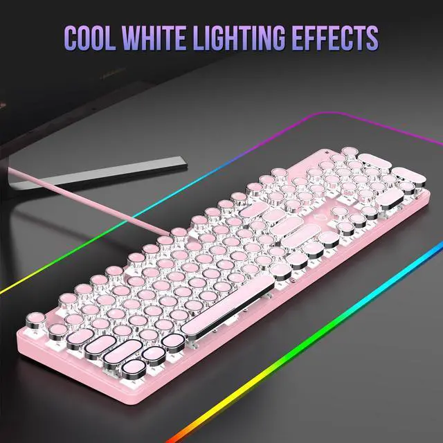 Alt view image 2 of 7 - Typewriter Mechanical Gaming Keyboard with RGB Backlit Red Switches, 104 Keys Retro Round Keycap, Wired Typewriter Style Comfortable Typing Soud (Pink)