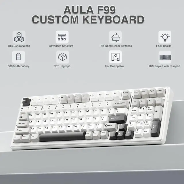 Alt view image 2 of 7 - AULA F99 Wireless Mechanical Keyboard,Tri-Mode BT5.0/2.4GHz/USB-C Hot Swappable Custom Keyboard,Pre-lubed Linear Switches,RGB Backlit Computer Gaming Keyboards for PC/Tablet/PS/Xbox