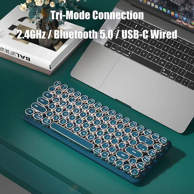 Alt view image 2 of 7 - Typewriter Style Mechanical Gaming Keyboard Warm White LED Backlit | Wireless 2.4GHz/Bluetooth/USB-C Wired 84-Key NKRO Hot Swappable Green Switches Retro Round Keycaps for Multi-Device, Teal