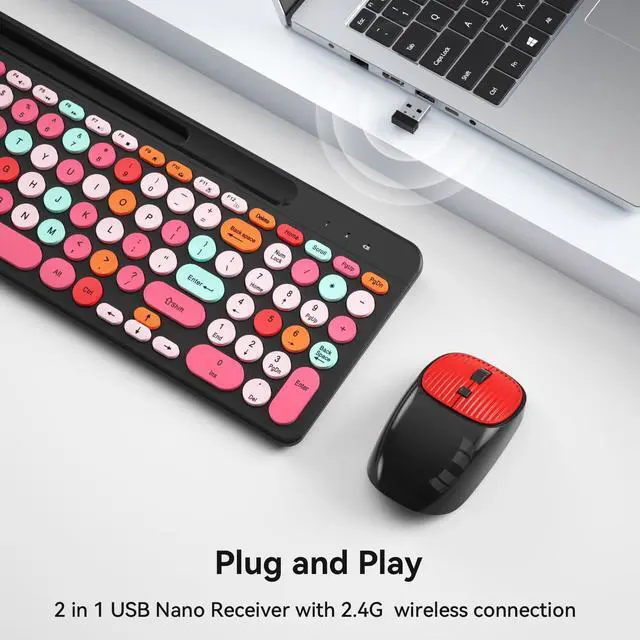 Alt view image 2 of 7 - Retro Typewriter Wireless Keyboard with Round Keycaps, 2.4GHz Compact USB Cute Wireless Keyboard and Mouse Combo for Desktop, Laptop and Computer