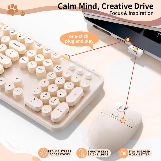 Alt view image 4 of 7 - Wireless Keyboard Mouse, MOFII 104 Keys Cute Retro Typewriter Coffee | With OTG & Long Clean Bruch,Compatible With All windows and Type C Computer,1600DPI,Ideal For PC, Home, Office and College