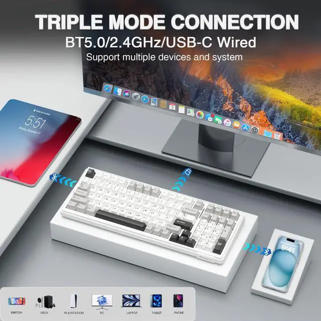 Alt view image 3 of 7 - AULA F99 Wireless Mechanical Keyboard,Tri-Mode BT5.0/2.4GHz/USB-C Hot Swappable Custom Keyboard,Pre-lubed Linear Switches,RGB Backlit Computer Gaming Keyboards for PC/Tablet/PS/Xbox
