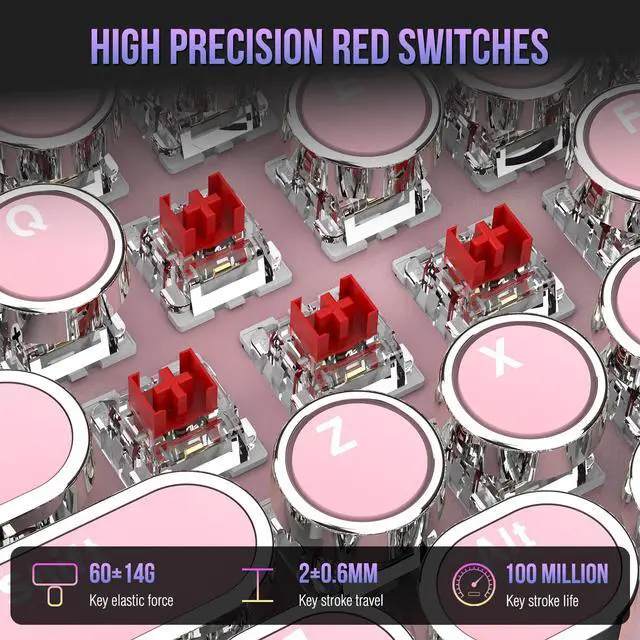 Alt view image 3 of 7 - Typewriter Mechanical Gaming Keyboard with RGB Backlit Red Switches, 104 Keys Retro Round Keycap, Wired Typewriter Style Comfortable Typing Soud (Pink)