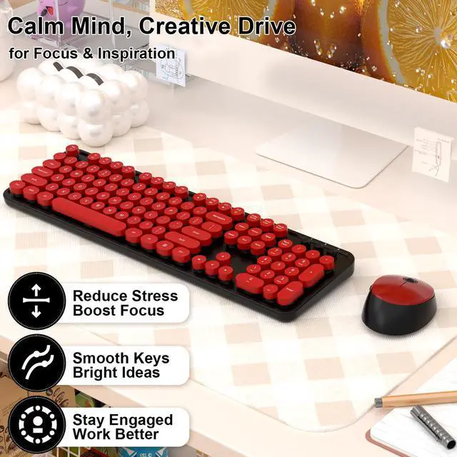 Alt view image 4 of 7 - Wireless Keyboard and Mouse, COOFUN Retro Typewriter Keyboard with Round Keycaps, Full-Size Ergonomic, Ideal for Windows PC, Home, Office, and College Black and Red