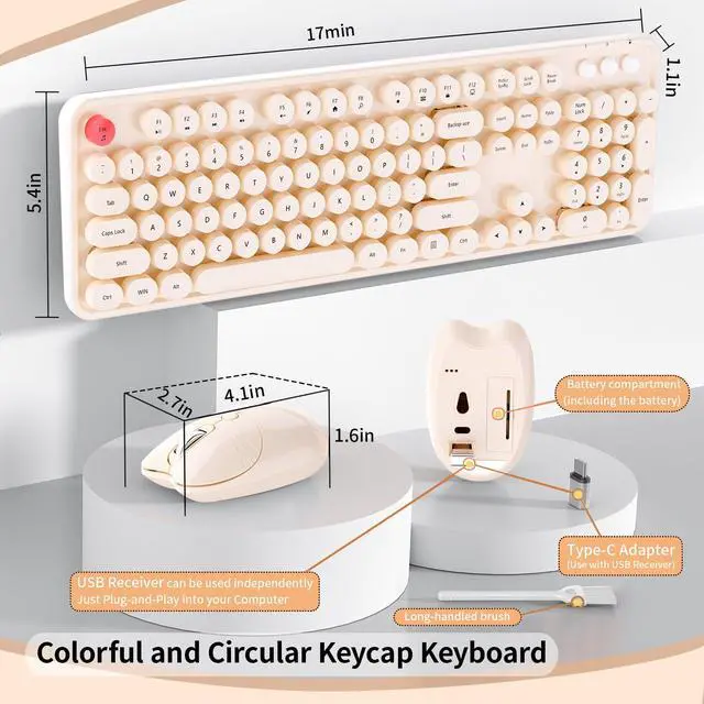 Alt view image 5 of 7 - Wireless Keyboard Mouse, MOFII 104 Keys Cute Retro Typewriter Coffee | With OTG & Long Clean Bruch,Compatible With All windows and Type C Computer,1600DPI,Ideal For PC, Home, Office and College