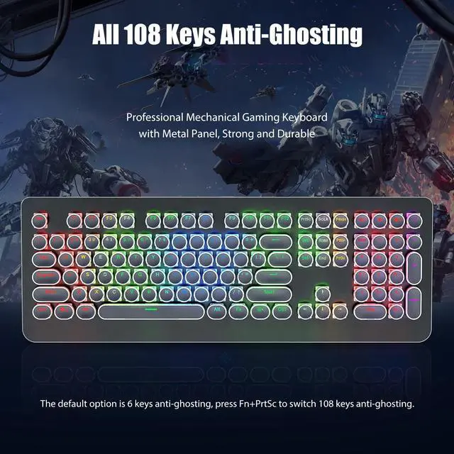 Alt view image 4 of 7 - Typewriter Style Mechanical Gaming Keyboard with True RGB LED Backlight, 108-Key Anti-Ghosting Blue Switch Retro Steampunk Vintage Round Keycaps Metal Panel Wired USB, Black