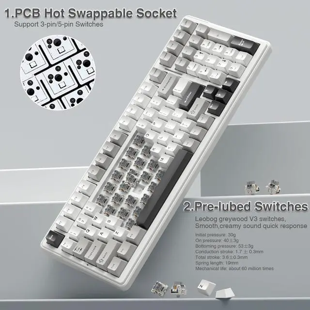 Alt view image 5 of 7 - AULA F99 Wireless Mechanical Keyboard,Tri-Mode BT5.0/2.4GHz/USB-C Hot Swappable Custom Keyboard,Pre-lubed Linear Switches,RGB Backlit Computer Gaming Keyboards for PC/Tablet/PS/Xbox