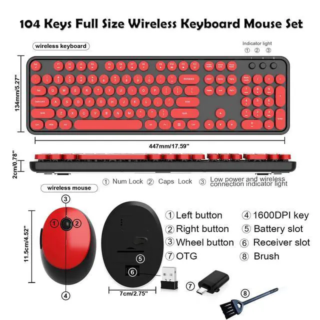 Alt view image 5 of 7 - Wireless Keyboard and Mouse, COOFUN Retro Typewriter Keyboard with Round Keycaps, Full-Size Ergonomic, Ideal for Windows PC, Home, Office, and College Black and Red