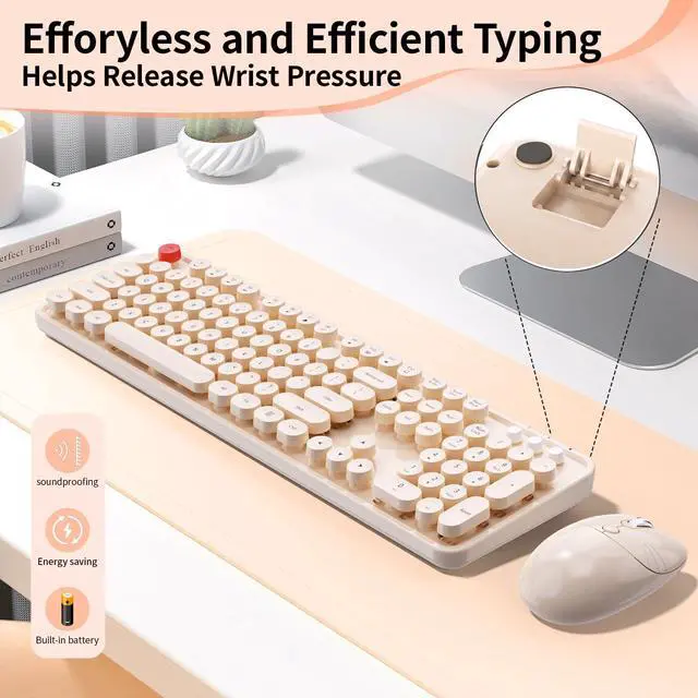 Alt view image 6 of 7 - Wireless Keyboard Mouse, MOFII 104 Keys Cute Retro Typewriter Coffee | With OTG & Long Clean Bruch,Compatible With All windows and Type C Computer,1600DPI,Ideal For PC, Home, Office and College