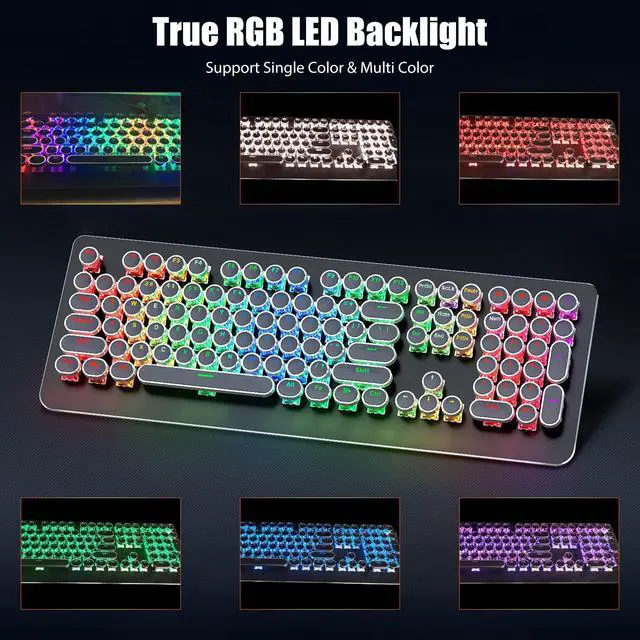 Alt view image 5 of 7 - Typewriter Style Mechanical Gaming Keyboard with True RGB LED Backlight, 108-Key Anti-Ghosting Blue Switch Retro Steampunk Vintage Round Keycaps Metal Panel Wired USB, Black