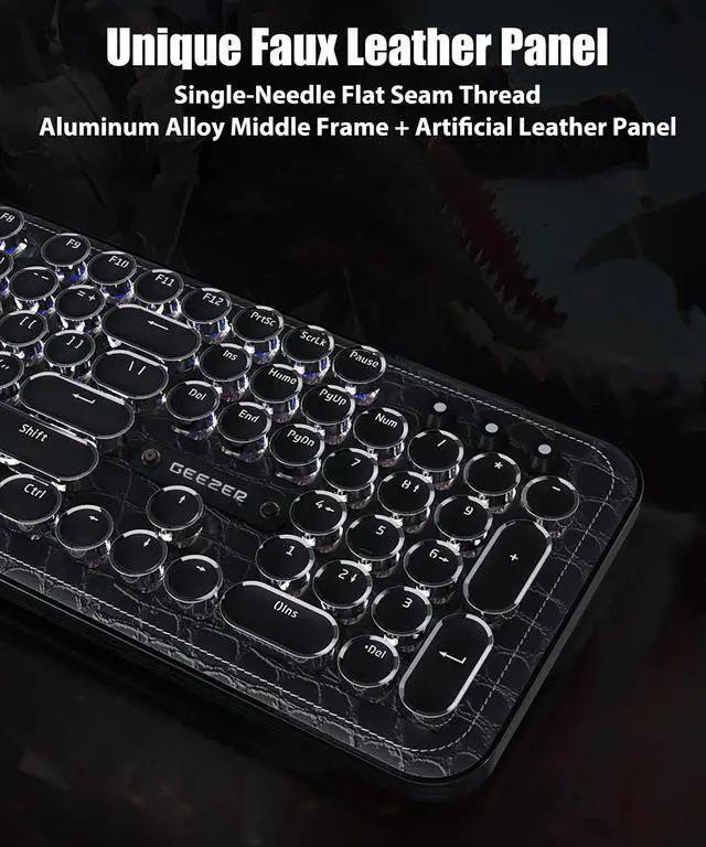 Alt view image 2 of 7 - Typewriter Keyboard with Faux Leather Panel, White LED Backlit | Wireless 2.4G/Bluetooth/Wired USB-C Aesthetic Mechanical Gaming Keyboard 104-Key Clicky Blue Switch Retro Round Keycap, Brown