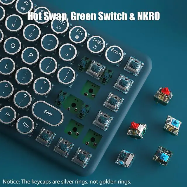 Alt view image 4 of 7 - Typewriter Style Mechanical Gaming Keyboard Warm White LED Backlit | Wireless 2.4GHz/Bluetooth/USB-C Wired 84-Key NKRO Hot Swappable Green Switches Retro Round Keycaps for Multi-Device, Teal