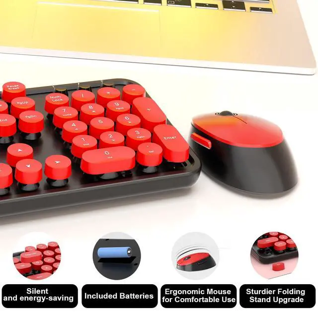 Alt view image 6 of 7 - Wireless Keyboard and Mouse, COOFUN Retro Typewriter Keyboard with Round Keycaps, Full-Size Ergonomic, Ideal for Windows PC, Home, Office, and College Black and Red