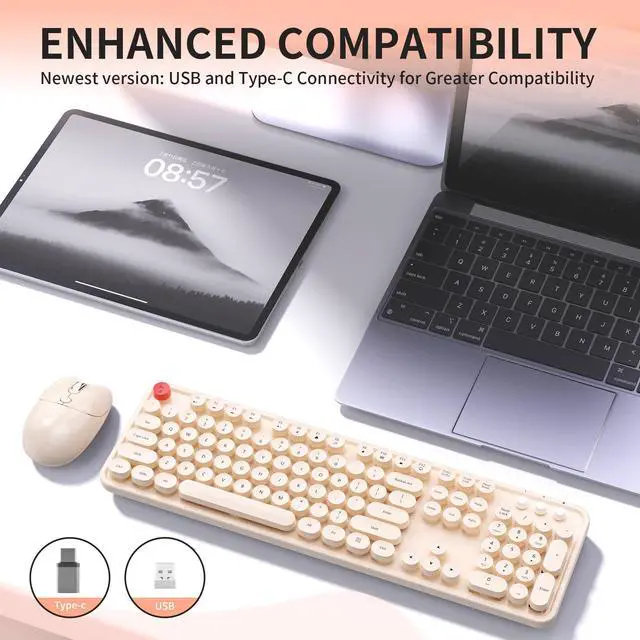 Alt view image 7 of 7 - Wireless Keyboard Mouse, MOFII 104 Keys Cute Retro Typewriter Coffee | With OTG & Long Clean Bruch,Compatible With All windows and Type C Computer,1600DPI,Ideal For PC, Home, Office and College