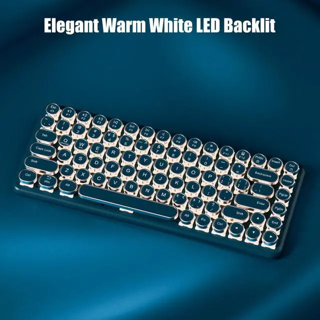 Alt view image 5 of 7 - Typewriter Style Mechanical Gaming Keyboard Warm White LED Backlit | Wireless 2.4GHz/Bluetooth/USB-C Wired 84-Key NKRO Hot Swappable Green Switches Retro Round Keycaps for Multi-Device, Teal
