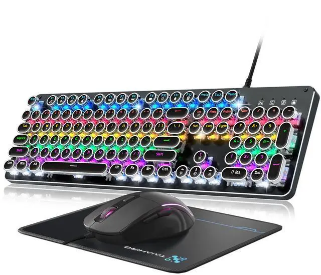 Main image of Typewriter Mechanical Gaming Keyboard and Mouse, Metal Panel Retro Keyboards with Round Keycap Blue Switch, Rainbow LED Backlit 104-Key Anti-Ghost Wired Mouse and Pad Combo for PC Laptop Mac Gamer