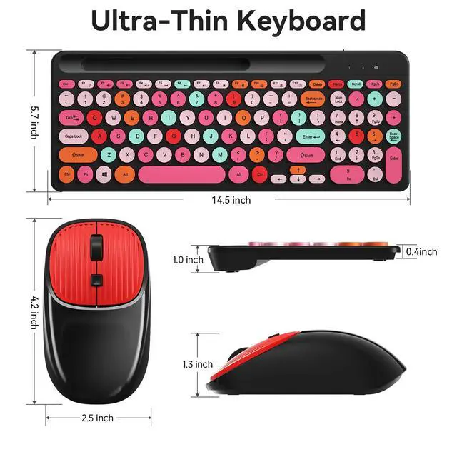 Alt view image 7 of 7 - Wireless Keyboard and Mouse, COOFUN Retro Typewriter Keyboard with Round Keycaps, Full-Size Ergonomic, Ideal for Windows PC, Home, Office, and College Black and Red