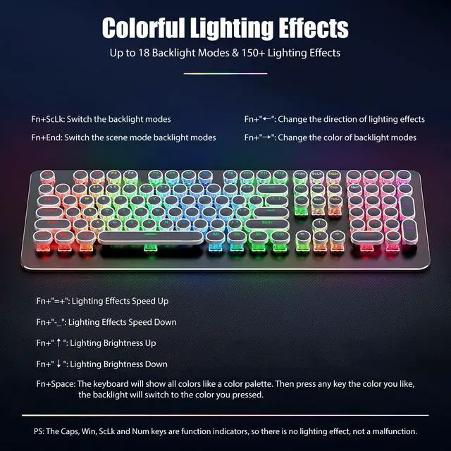 Alt view image 6 of 7 - Typewriter Style Mechanical Gaming Keyboard with True RGB LED Backlight, 108-Key Anti-Ghosting Blue Switch Retro Steampunk Vintage Round Keycaps Metal Panel Wired USB, Black