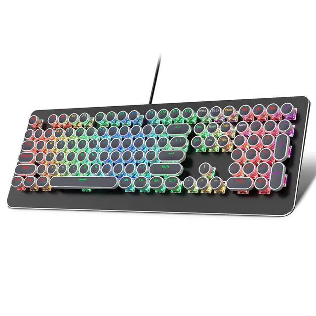 Alt view image 7 of 7 - Typewriter Style Mechanical Gaming Keyboard with True RGB LED Backlight, 108-Key Anti-Ghosting Blue Switch Retro Steampunk Vintage Round Keycaps Metal Panel Wired USB, Black