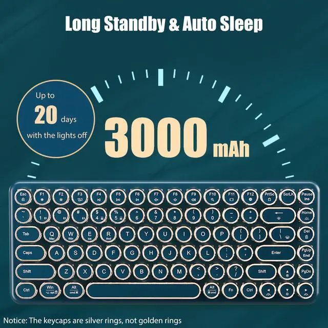 Alt view image 6 of 7 - Typewriter Style Mechanical Gaming Keyboard Warm White LED Backlit | Wireless 2.4GHz/Bluetooth/USB-C Wired 84-Key NKRO Hot Swappable Green Switches Retro Round Keycaps for Multi-Device, Teal
