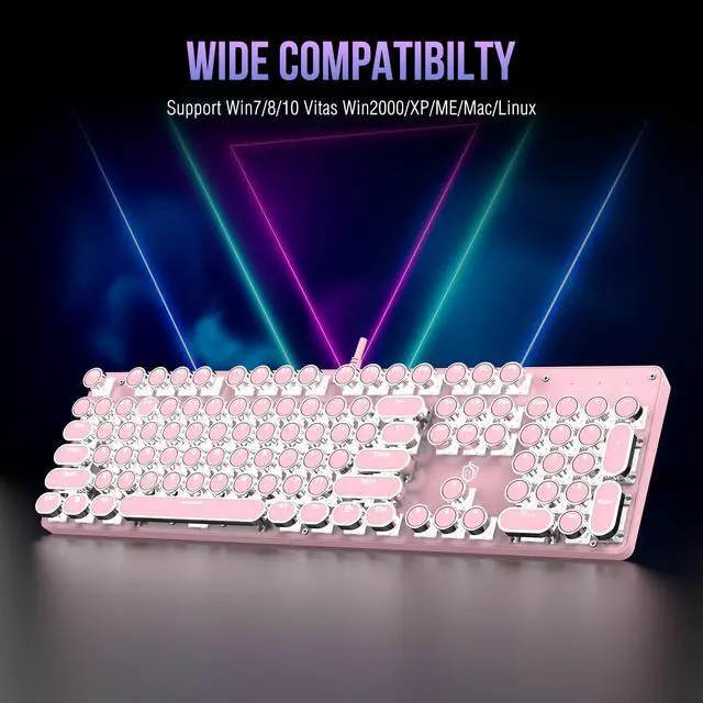Alt view image 6 of 7 - Typewriter Mechanical Gaming Keyboard with RGB Backlit Red Switches, 104 Keys Retro Round Keycap, Wired Typewriter Style Comfortable Typing Soud (Pink)