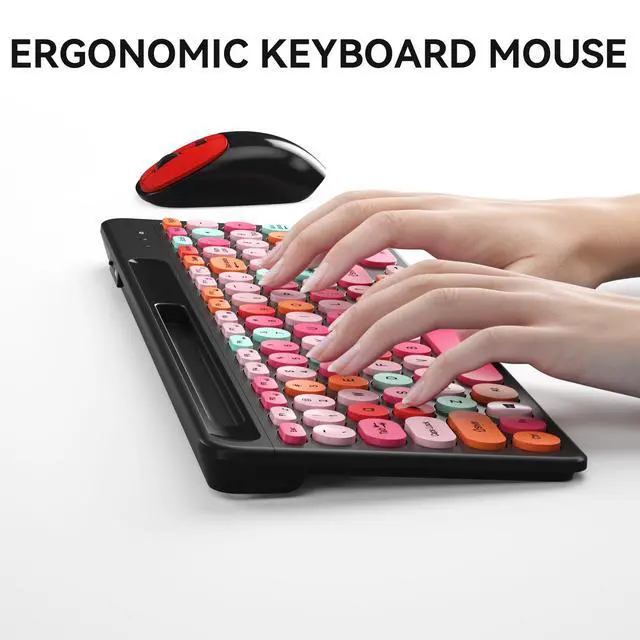 Alt view image 7 of 7 - Retro Typewriter Wireless Keyboard with Round Keycaps, 2.4GHz Compact USB Cute Wireless Keyboard and Mouse Combo for Desktop, Laptop and Computer