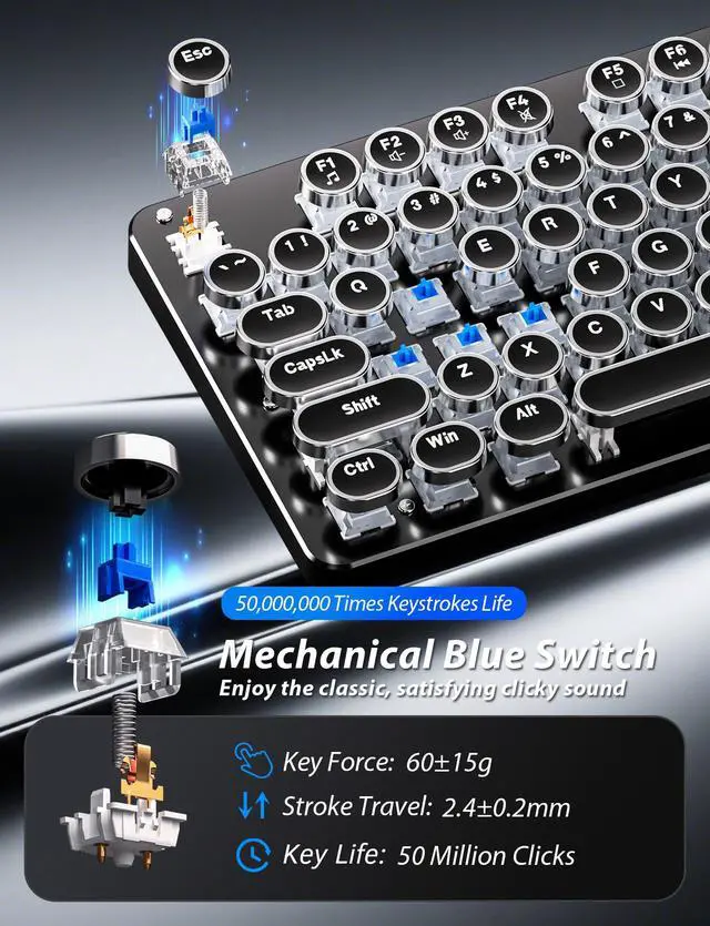 Alt view image 3 of 7 - Typewriter Mechanical Gaming Keyboard and Mouse, Metal Panel Retro Keyboards with Round Keycap Blue Switch, Rainbow LED Backlit 104-Key Anti-Ghost Wired Mouse and Pad Combo for PC Laptop Mac Gamer