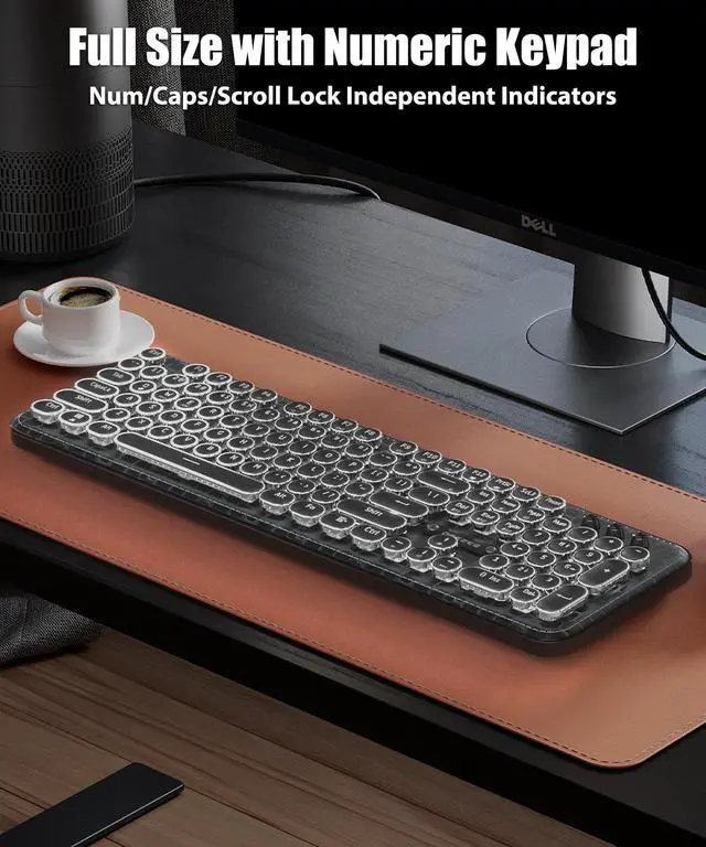 Alt view image 6 of 7 - Typewriter Keyboard with Faux Leather Panel, White LED Backlit | Wireless 2.4G/Bluetooth/Wired USB-C Aesthetic Mechanical Gaming Keyboard 104-Key Clicky Blue Switch Retro Round Keycap, Brown