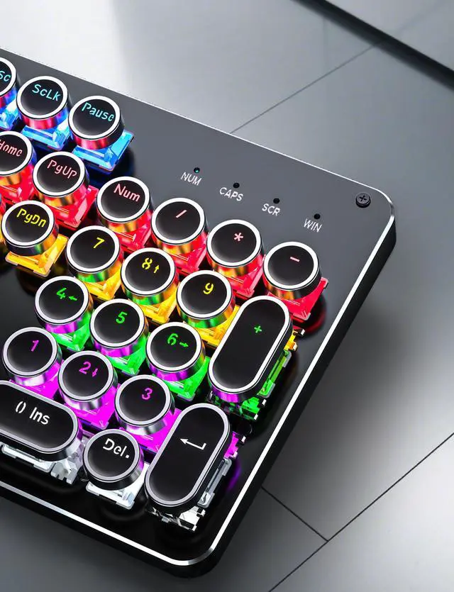 Alt view image 6 of 7 - Typewriter Mechanical Gaming Keyboard and Mouse, Metal Panel Retro Keyboards with Round Keycap Blue Switch, Rainbow LED Backlit 104-Key Anti-Ghost Wired Mouse and Pad Combo for PC Laptop Mac Gamer