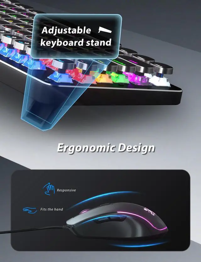 Alt view image 7 of 7 - Typewriter Mechanical Gaming Keyboard and Mouse, Metal Panel Retro Keyboards with Round Keycap Blue Switch, Rainbow LED Backlit 104-Key Anti-Ghost Wired Mouse and Pad Combo for PC Laptop Mac Gamer