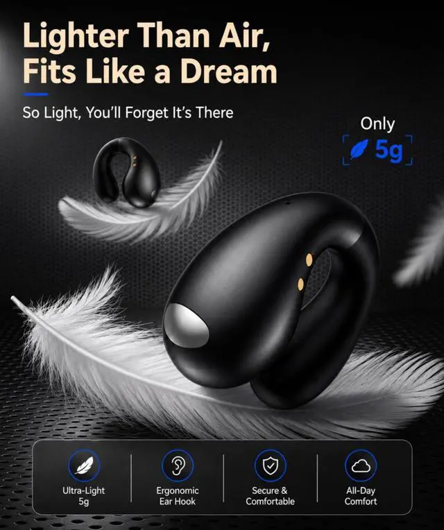 Alt view image 4 of 7 - Boytond Ultra Open Ear Earbuds - Clip on Earbuds, Open Ear Headphones with Secure Lightweight Fit, Bone Conduction Sound and Bluetooth 5.3 for Running, Sports and Outdoor Travel, Midnight Black