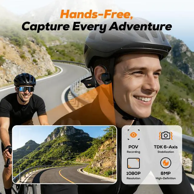Alt view image 2 of 7 - MusicCam Bone Conduction Headphones with Camera, Patented Design | 1080P hands-free POV recording with open-ear Bluetooth audio, IP68 waterproof for cycling, running and travel