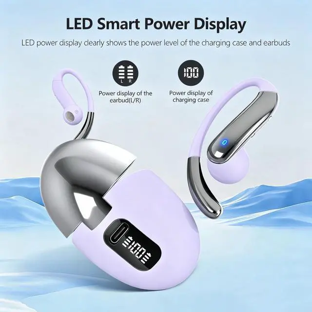 Alt view image 4 of 7 - Open Ear Bone Conduction Headphones,Over Ear Earbuds with Ergonomic Earhook,Bluetooth Headphones 5.4 with Smart Digital Display,50H Playtime,IPX7 Waterproof,Touch Control Operate Fit Cycling Running