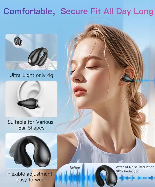 Alt view image 3 of 7 - Upgraded Ultra Open Ear Earbuds - Lightweight Comfort Clip-On Wireless Bone Conduction Earbuds, Secure Fit & AI-Powered Clear Calls Bluetooth Open Ear Headphones for Work,Commute,Workout, Black