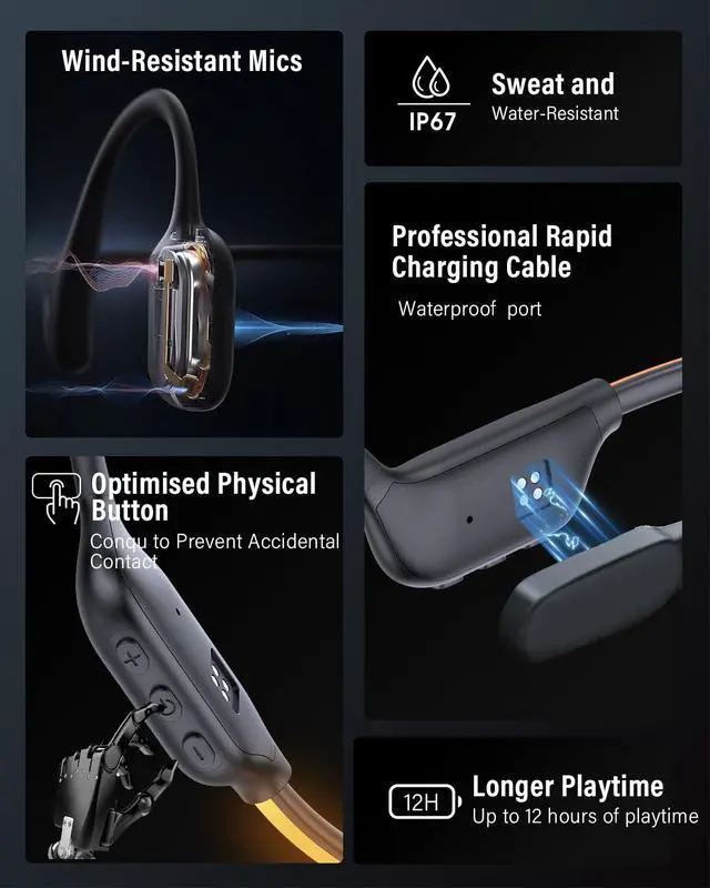 Alt view image 7 of 7 - X500 Bone Conduction Headphones, Open Ear, LED Light, IP67 | Open-ear Bluetooth Sports Headset for Running, Cycling, Workouts & Outdoor, with Rear LED safety Light and Built-in Mic