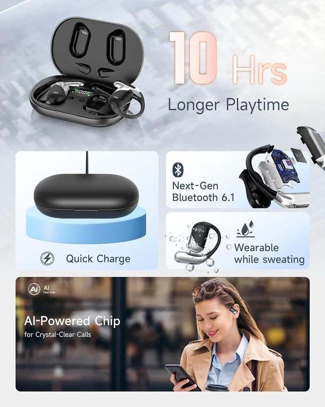Alt view image 5 of 7 - Paekole Open Ear Earbuds, Over Ear Bluetooth 6.1 Translation Headphone | Bone Conduction Earbuds with Earhooks, LEDigital Display, IP55 Waterproof, Lightweight for Running, Fitness, Workouts, Travel