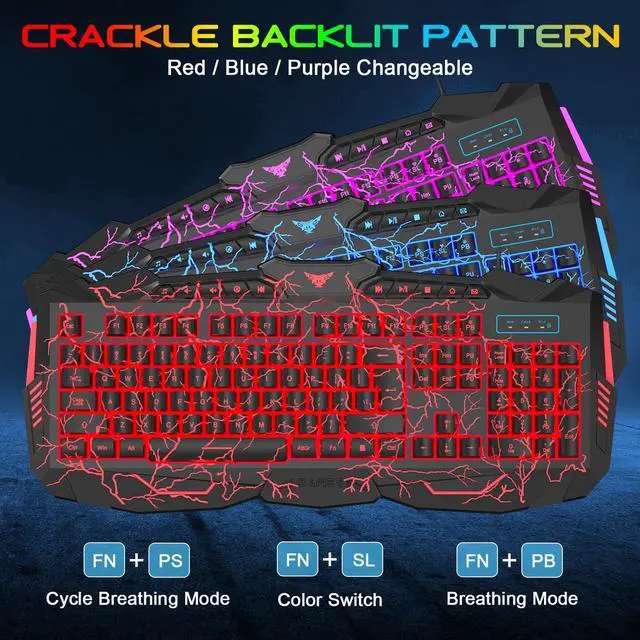 Alt view image 2 of 7 - BlueFinger Backlit Gaming Keyboard and Mouse Combo,USB Wired Backlit Keyboard Mouse Game Set,Multimedia Keys,3 Color LED Crack Illumination Keyboard Mouse for Game and Work