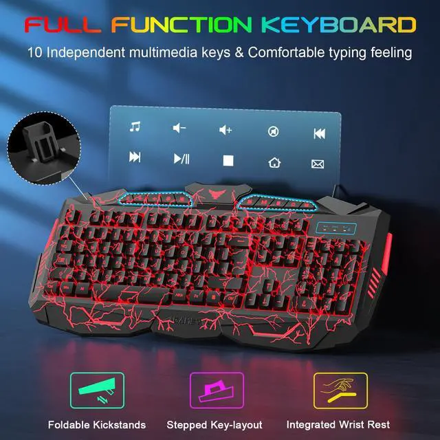 Alt view image 4 of 7 - BlueFinger Backlit Gaming Keyboard and Mouse Combo,USB Wired Backlit Keyboard Mouse Game Set,Multimedia Keys,3 Color LED Crack Illumination Keyboard Mouse for Game and Work