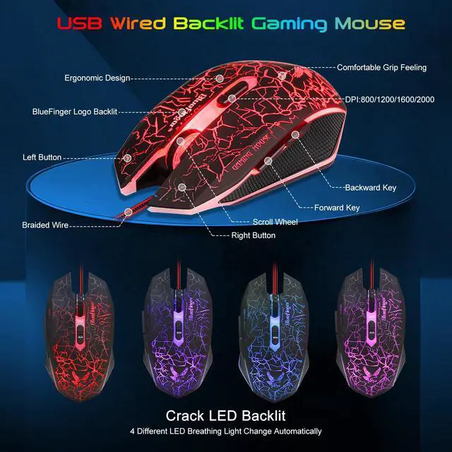Alt view image 5 of 7 - BlueFinger Backlit Gaming Keyboard and Mouse Combo,USB Wired Backlit Keyboard Mouse Game Set,Multimedia Keys,3 Color LED Crack Illumination Keyboard Mouse for Game and Work