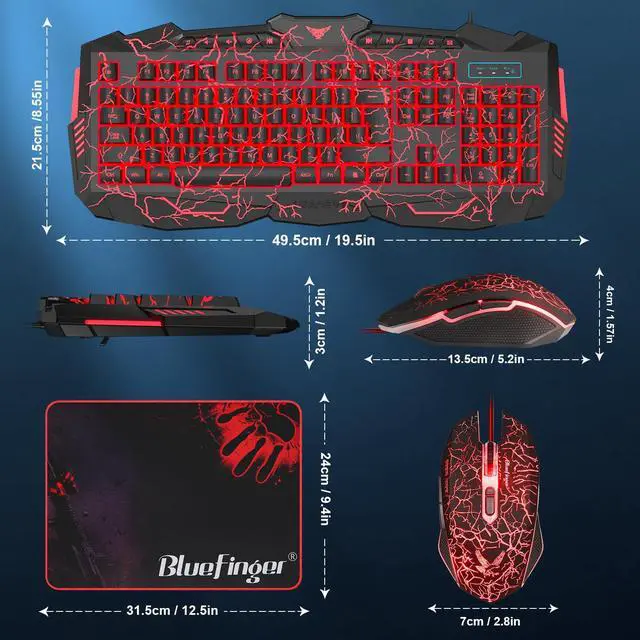 Alt view image 7 of 7 - BlueFinger Backlit Gaming Keyboard and Mouse Combo,USB Wired Backlit Keyboard Mouse Game Set,Multimedia Keys,3 Color LED Crack Illumination Keyboard Mouse for Game and Work