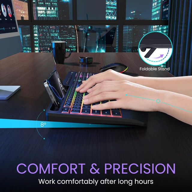 Alt view image 3 of 7 - Wireless Keyboard and Mouse Combo- VEILZOR 2.4G Rechargeable Keyboard with Phone Holder, Ergonomic Wrist Rest, 9 RGB Backlit Effects, Silent Keyboard Mouse Set for Windows, Laptop, PC | 2.4G Wireless