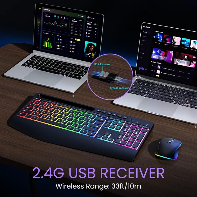 Alt view image 6 of 7 - Wireless Keyboard and Mouse Combo- VEILZOR 2.4G Rechargeable Keyboard with Phone Holder, Ergonomic Wrist Rest, 9 RGB Backlit Effects, Silent Keyboard Mouse Set for Windows, Laptop, PC | 2.4G Wireless