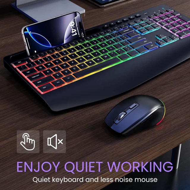 Alt view image 7 of 7 - Wireless Keyboard and Mouse Combo- VEILZOR 2.4G Rechargeable Keyboard with Phone Holder, Ergonomic Wrist Rest, 9 RGB Backlit Effects, Silent Keyboard Mouse Set for Windows, Laptop, PC | 2.4G Wireless