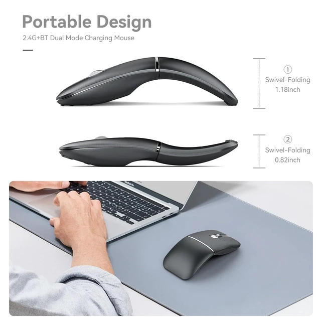 Alt view image 5 of 7 - WFB 180° Flip Ultra-Thin Wireless Mouse, Bluetooth 5.0 & 2.4GHz Rechargeable Silent Travel Mouse, Ergonomic Rotatable Design for Laptop, PC, MacBook, Chromebook